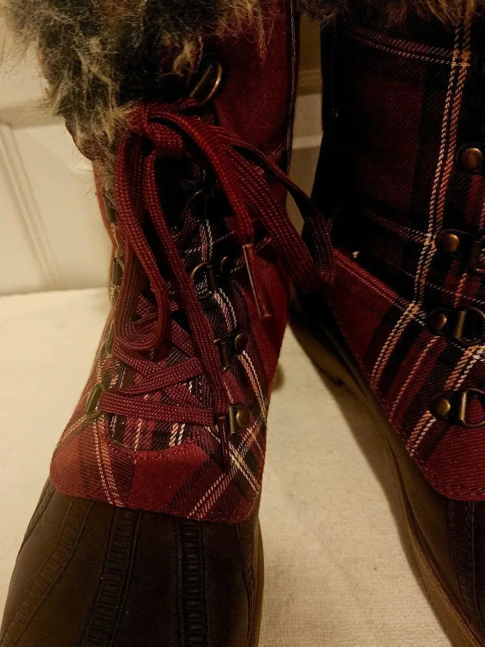 JustFab Burgundy & Brown Faux-Fur Trim Winter Lace-Up Boots